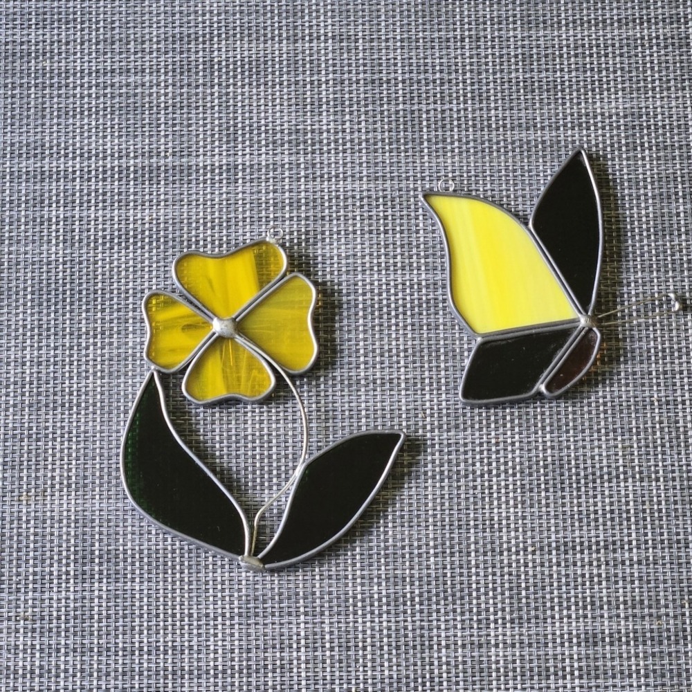 Suncatchers Stained Glass Butterfly Flower Set Vtg - Picture 5 of 11